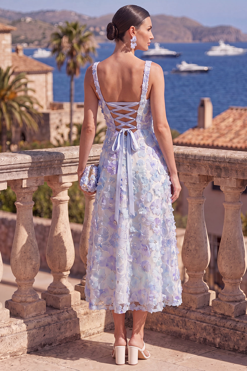 Square Neck Green Floral A Line Beaded Wedding Guest Dress