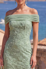 Off the Shoulder Floral Mermaid Sage Green Wedding Guest Dress With Beading