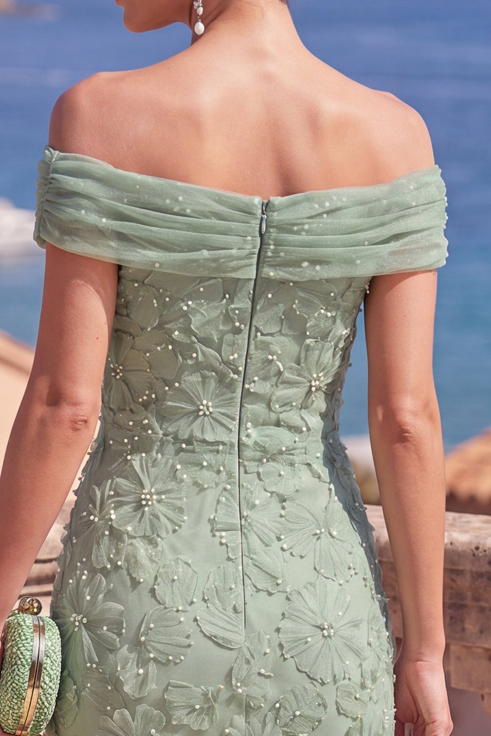 Off the Shoulder Floral Mermaid Sage Green Wedding Guest Dress With Beading