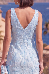 V-Neck Blue A Line Appliqued Wedding Guest Dress