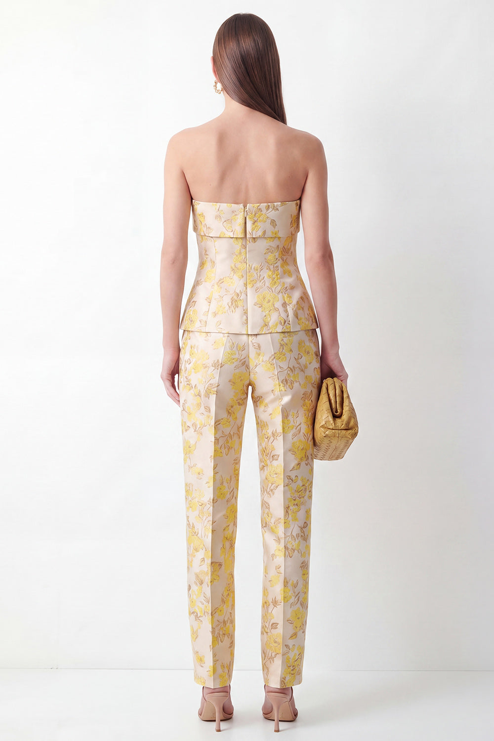 Strapless Yellow Floral 2 Piece Slim Fit Women Suits