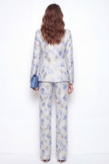 Peaked Lapel Blue Floral Jacquard 2 Piece Women's Suits
