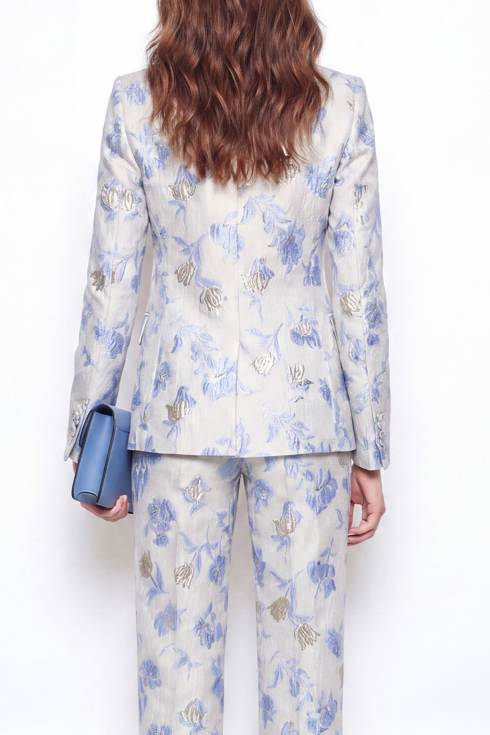 Peaked Lapel Blue Floral Jacquard 2 Piece Women's Suits
