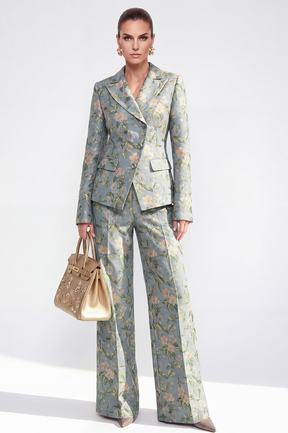 Grey Blue Floral Peaked Lapel 2 Piece Women's Suits