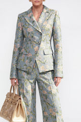 Grey Blue Floral Peaked Lapel 2 Piece Women's Suits