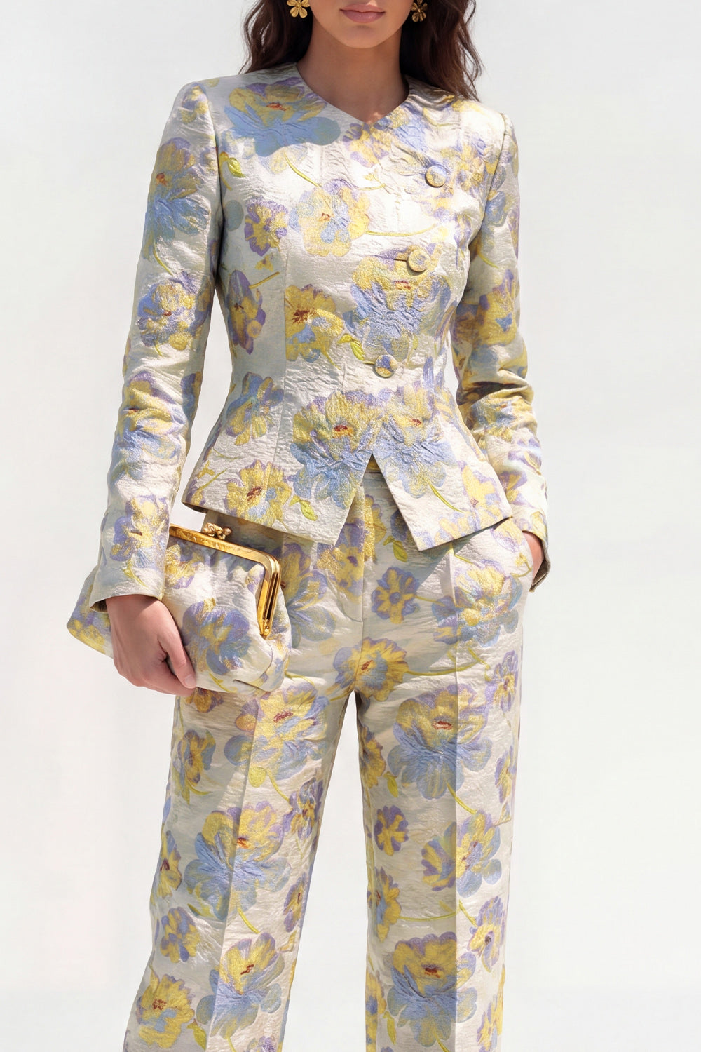 Round Neck Brocade Yellow Floral 2 Piece Women Suits