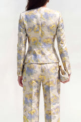 Round Neck Brocade Yellow Floral 2 Piece Women Suits