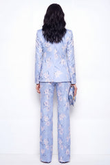 Notched Lapel 2 Piece Blue Floral Single Buckle Women's Suits