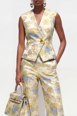 V Neck Brocade Yellow Floral 2 Piece Women Suits
