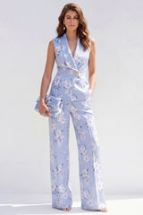 Blue Floral Shawl Lapel 2 Piece Sleeveless Women's Suits