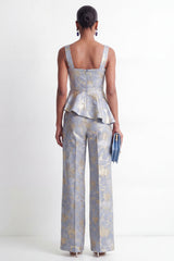 Square Neck Grey Blue Floral 2 Piece Women's Suits