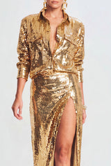 Sparkly 2-Piece Golden Women's Suits with Slit