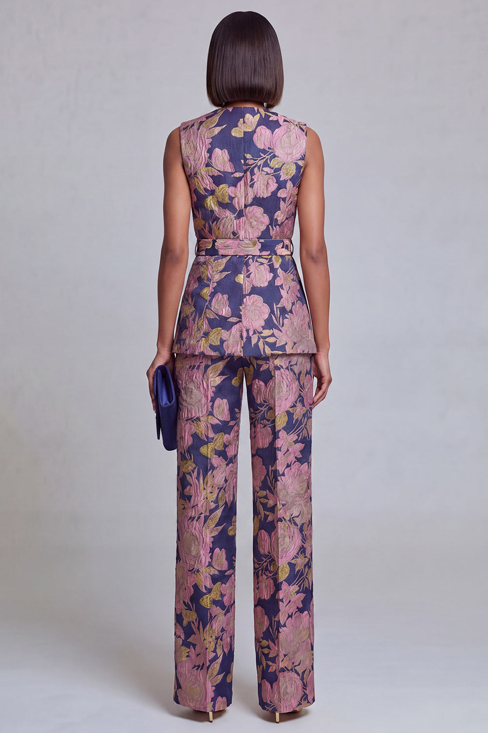 Navy Pink V-Neck Floral 2-Piece Women Suits