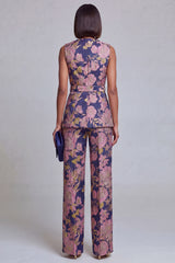 Navy Pink V-Neck Floral 2-Piece Women Suits