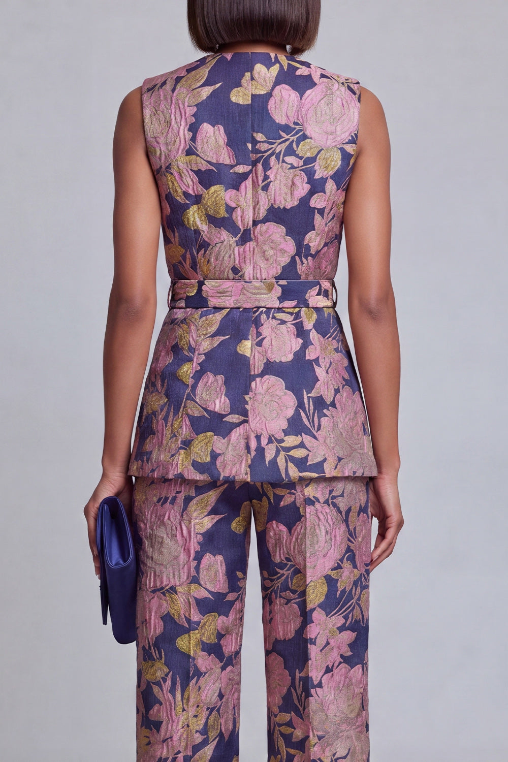Navy Pink V-Neck Floral 2-Piece Women Suits