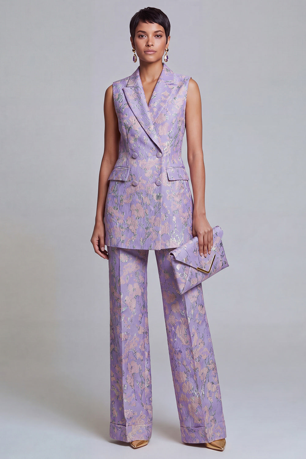 Dusty Blue Jacquard Peak Lapel 2-Piece Women Suits