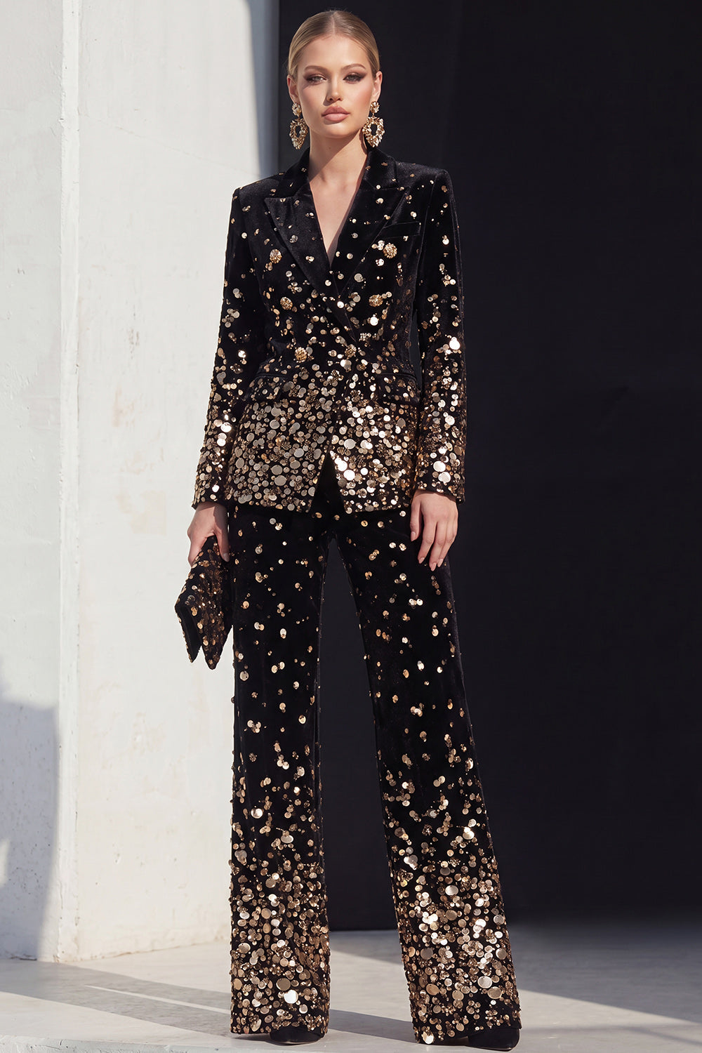 Black Champagne Sequin Peak Lapel 2-Piece Women's Suits