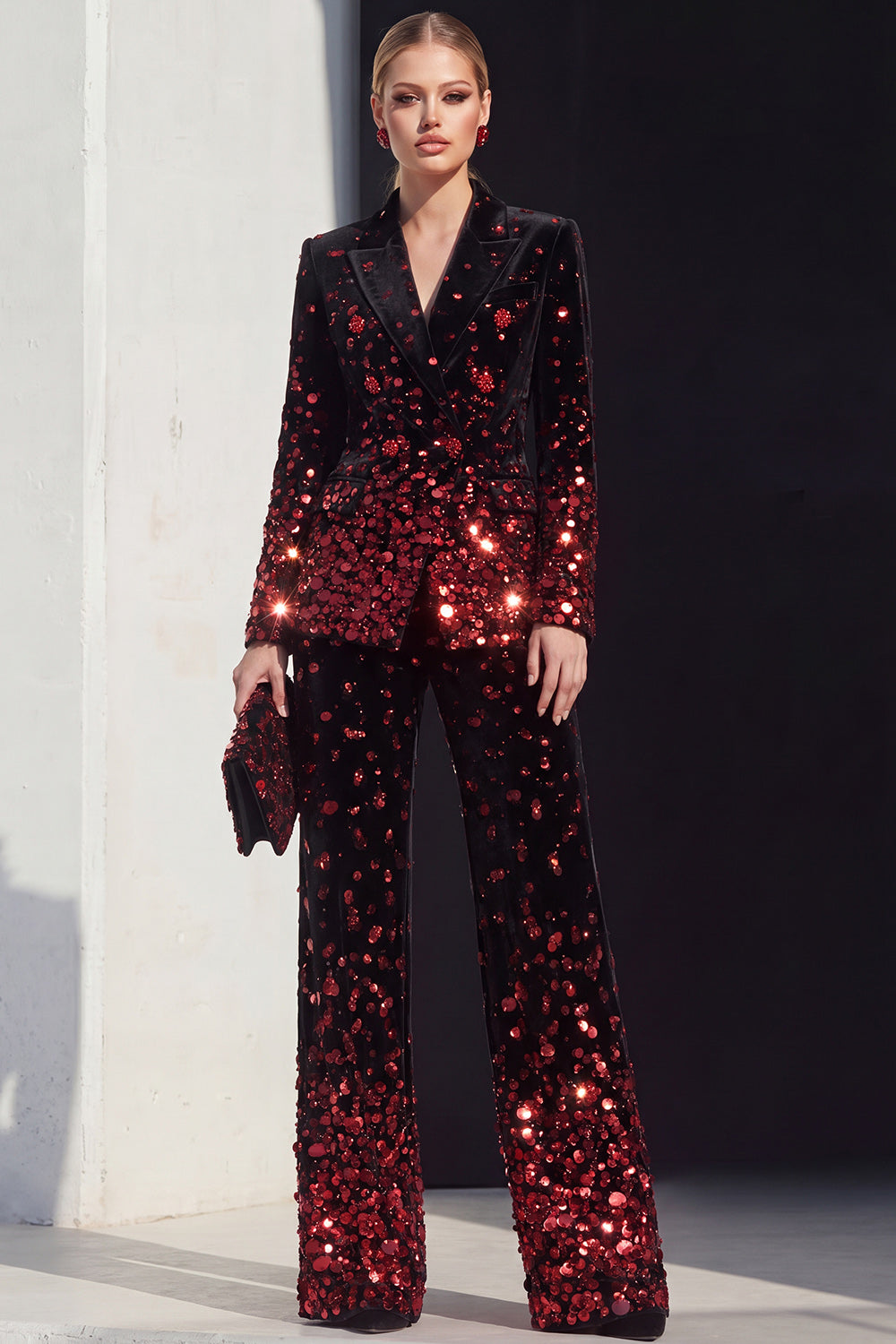 Black Champagne Sequin Peak Lapel 2-Piece Women's Suits