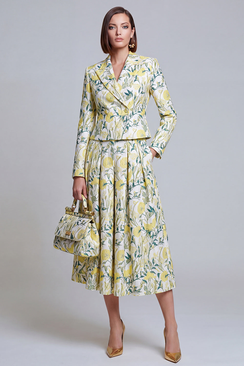 Ivory Yellow Flower Peak Lapel 2-Piece Women Suits