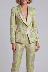 Sage Green Jacquard Shawl Lapel 2-Piece Women's Suits