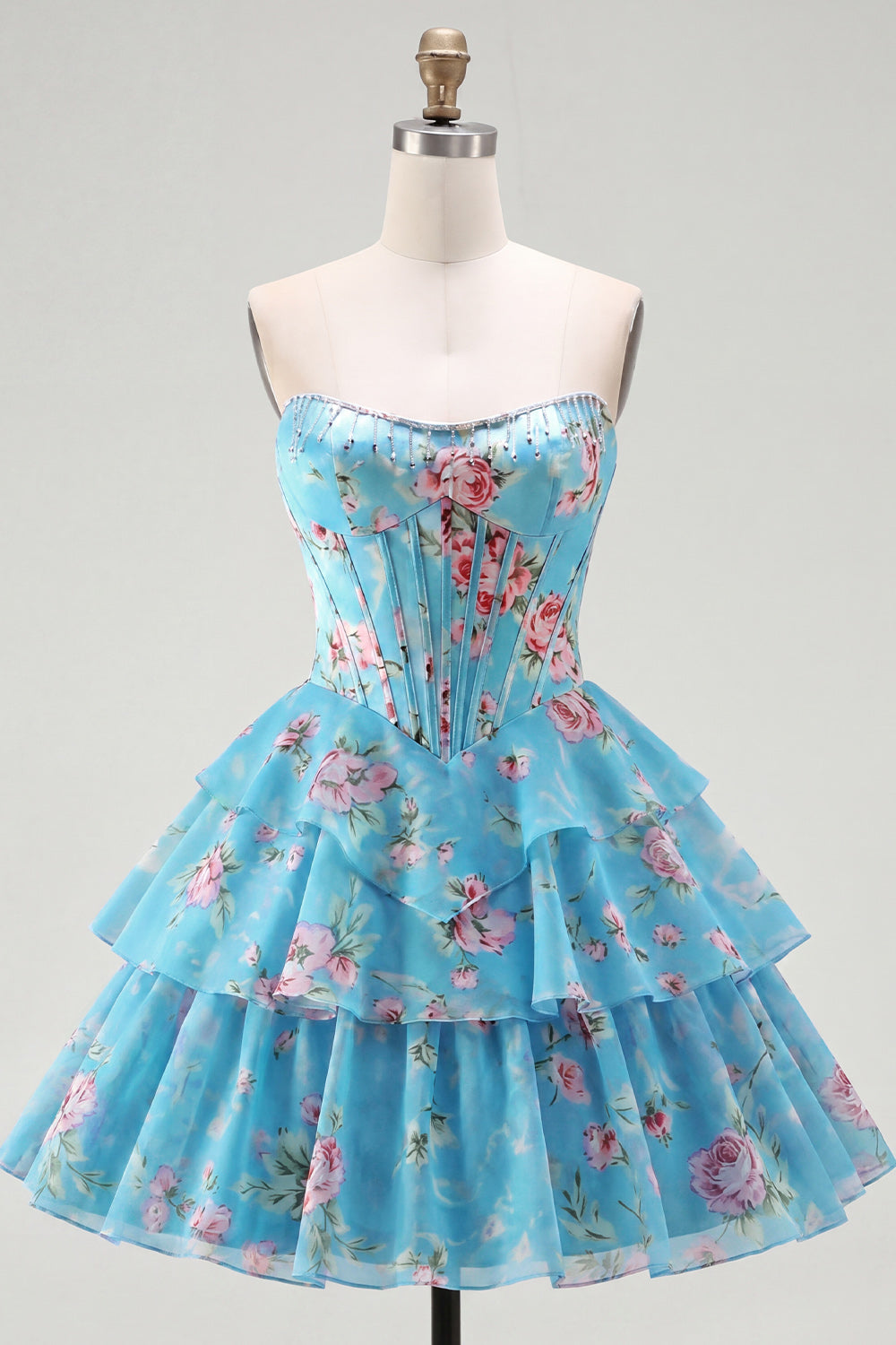 Strapless A-Line Pink Corset Floral Tiered Homecoming Dress