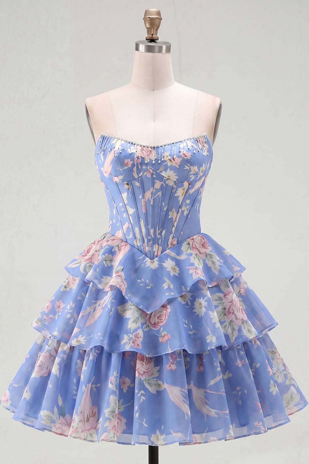 Strapless A-Line Pink Corset Floral Tiered Homecoming Dress