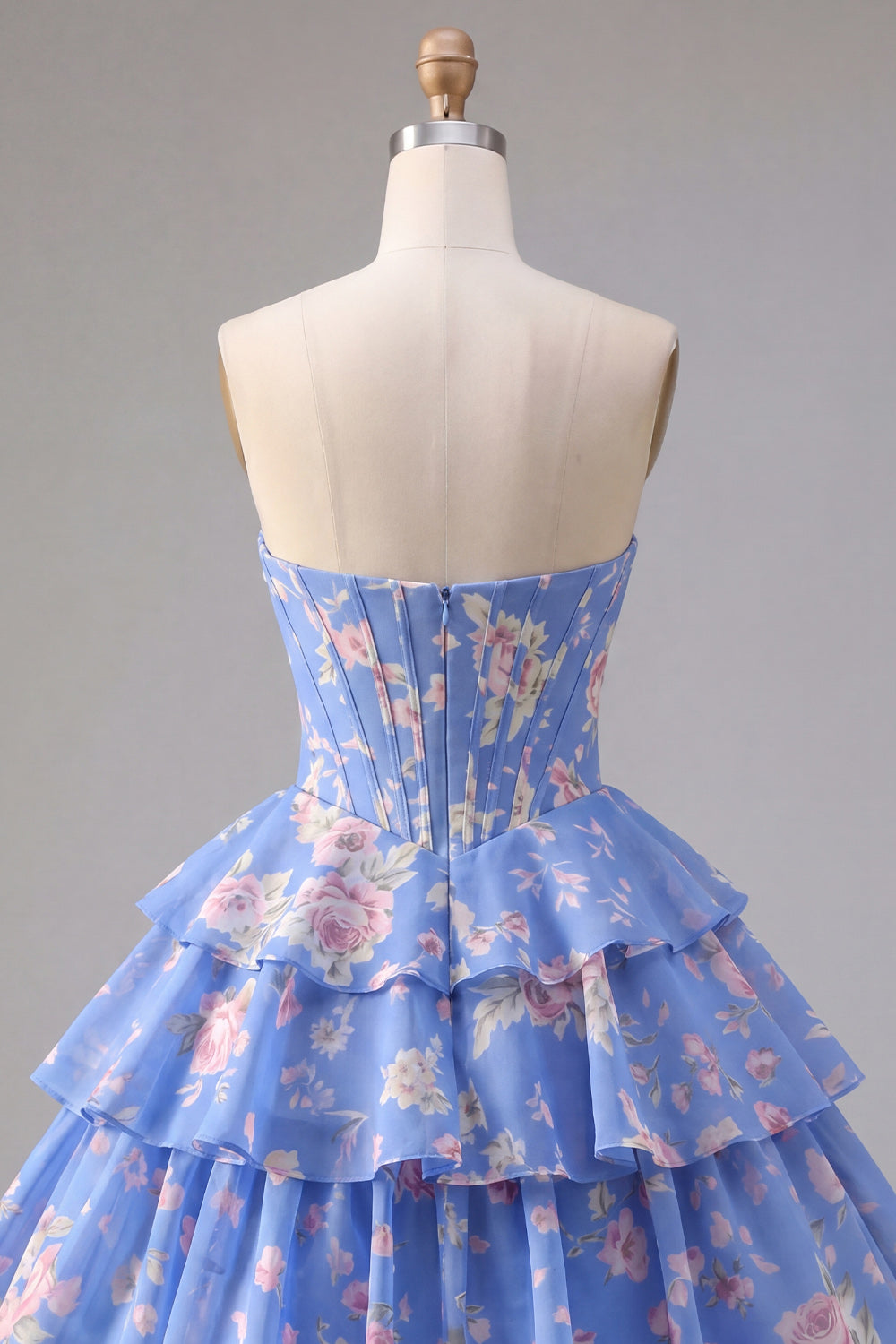 Strapless A-Line Pink Corset Floral Tiered Homecoming Dress