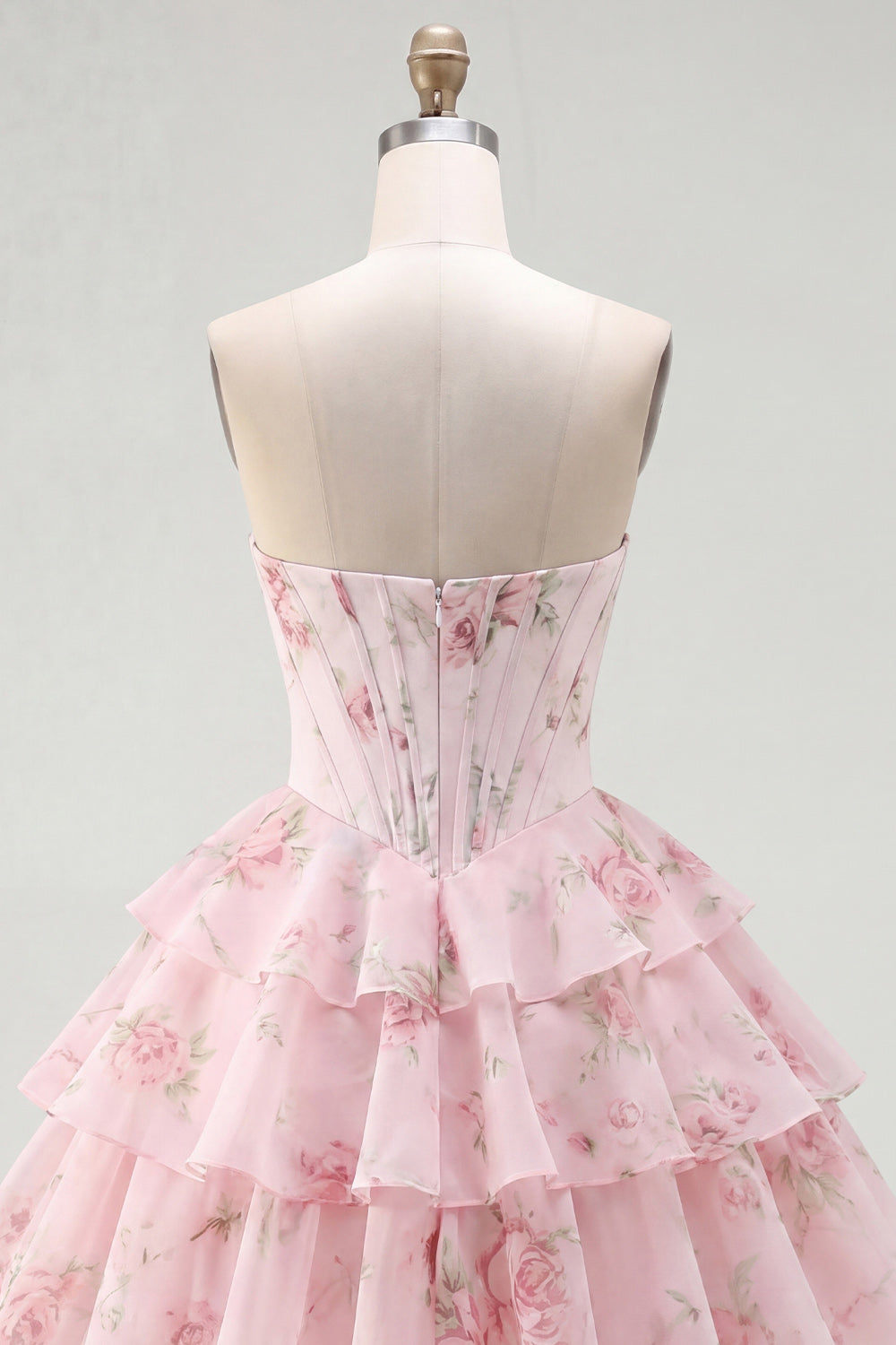 Strapless A-Line Pink Corset Floral Tiered Homecoming Dress
