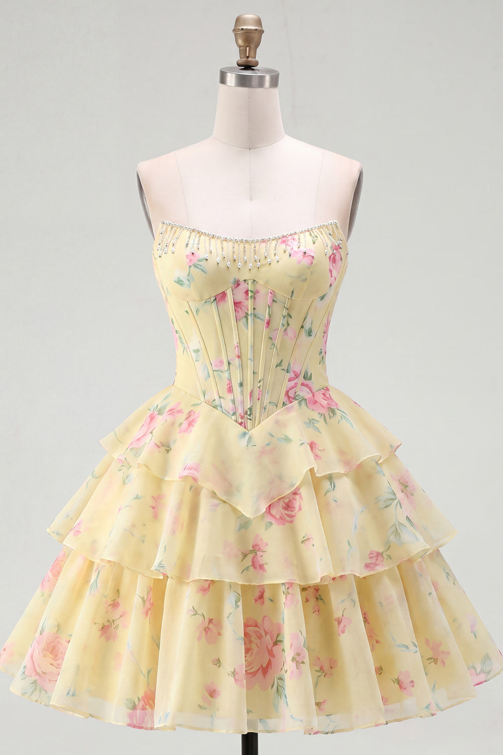 Strapless A-Line Pink Corset Floral Tiered Homecoming Dress