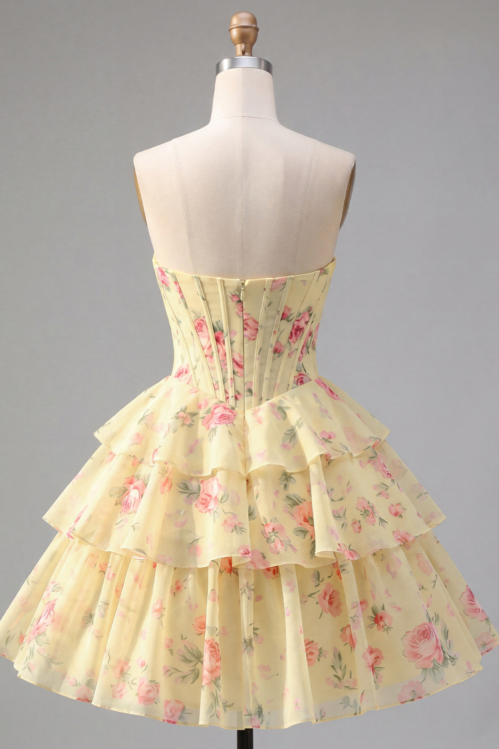 Strapless A-Line Pink Corset Floral Tiered Homecoming Dress