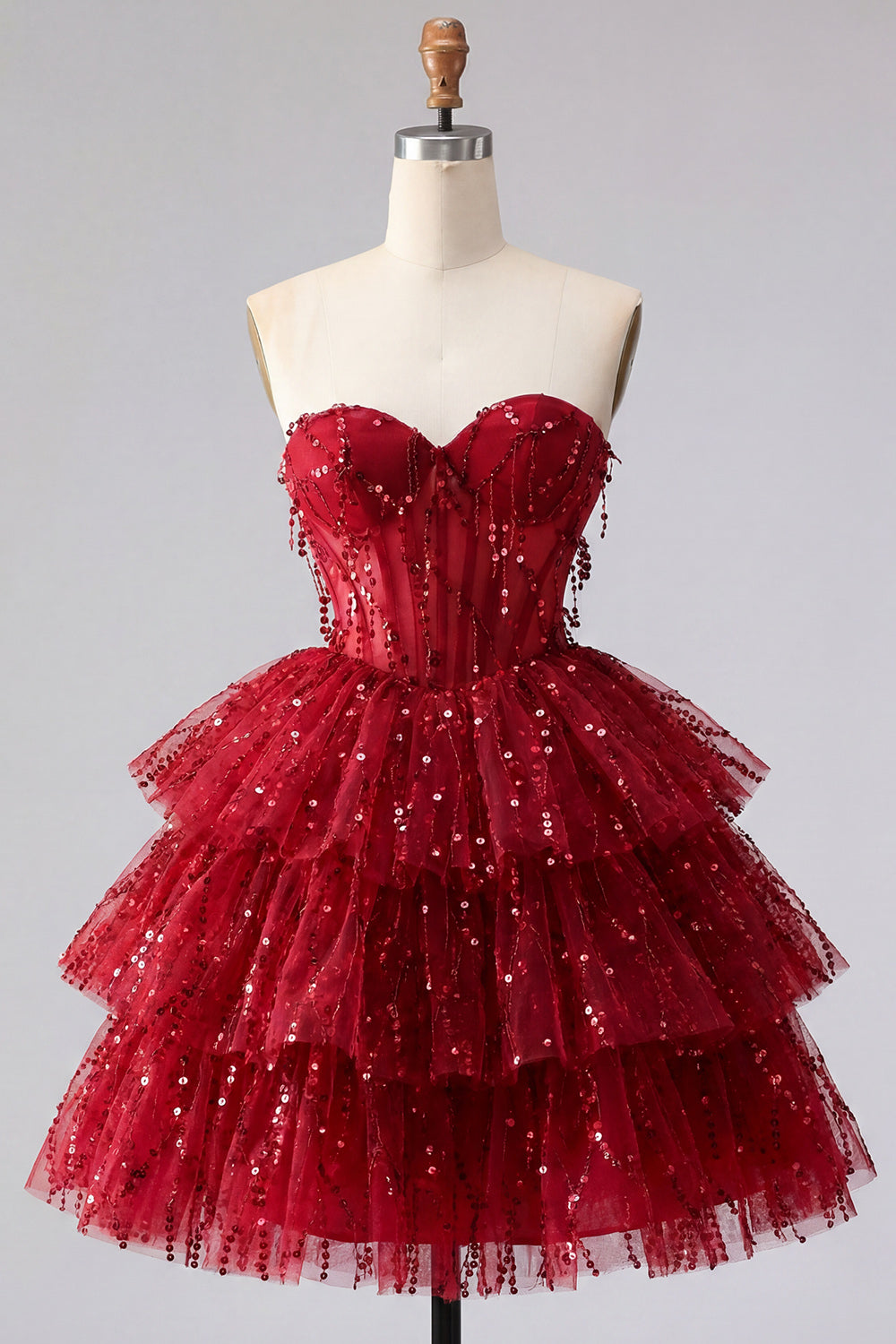 Corset A-Line Burgundy Sweetheart Tiered Homecoming Dress