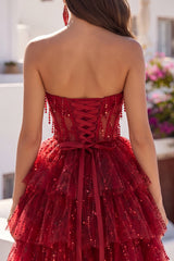 Corset A-Line Burgundy Sweetheart Tiered Homecoming Dress