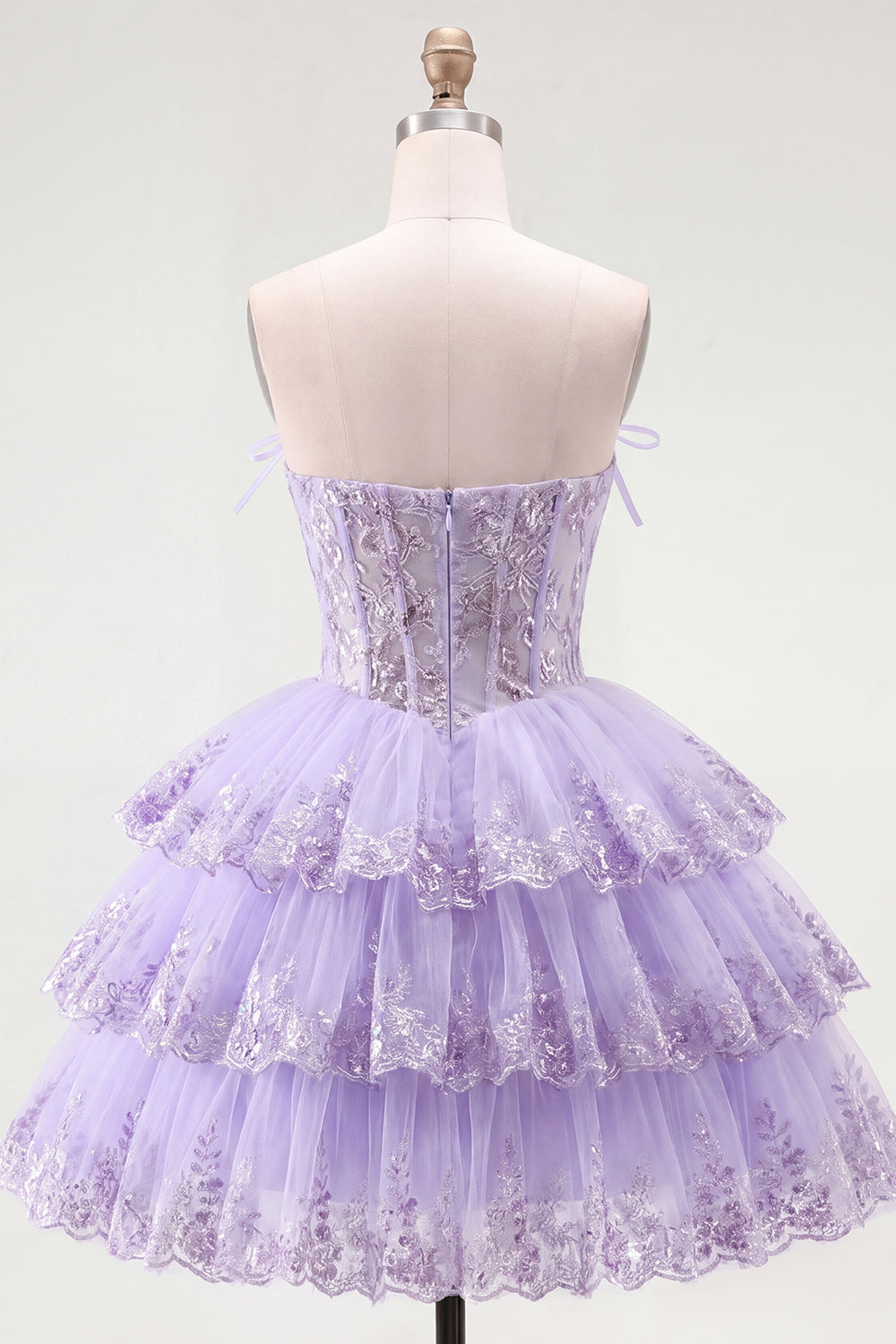Strapless Floral Corset Tulle A-Line Lilac Tiered Homecoming Dress