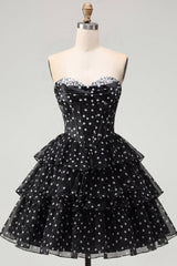 Sweetheart Corset Black A-Line Tiered Ruched Homecoming Dress