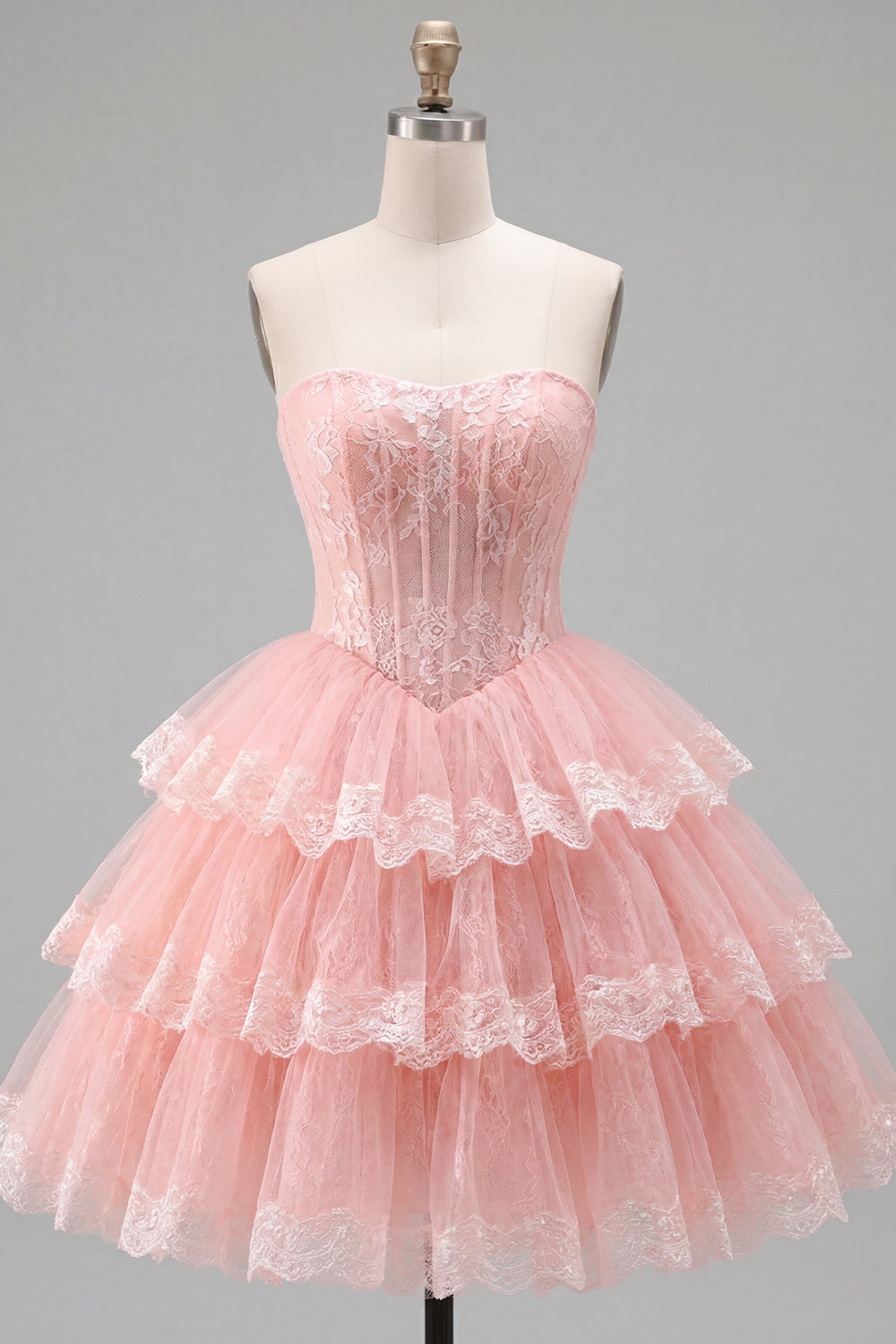 Pink A-Line Sweetheart Corset Tiered Floral Homecoming Dress