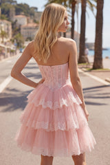 Pink A-Line Sweetheart Corset Tiered Floral Homecoming Dress