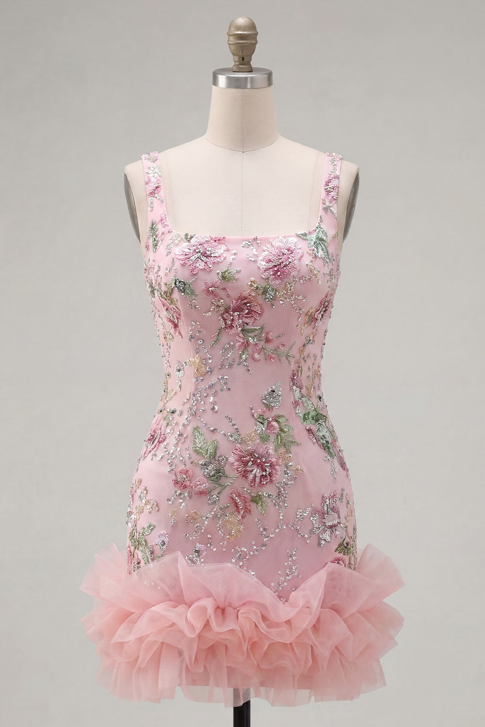 Square Neck Pink Bodycon Floral Ruffled Homecoming Dress