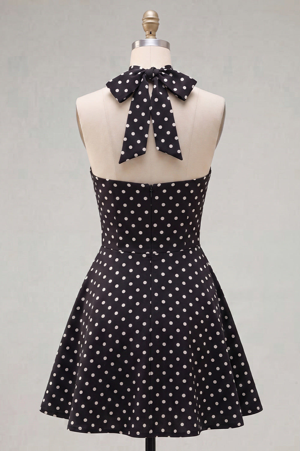 Black White Dot Halter A-Line Cut Out Homecoming Dress