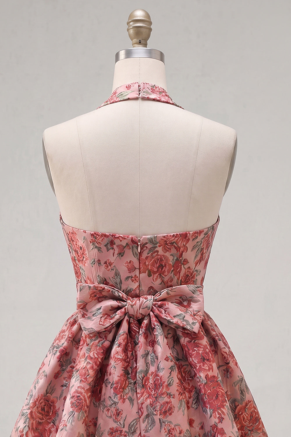 Halter Red Floral A-Line Homecoming Dress with Bow