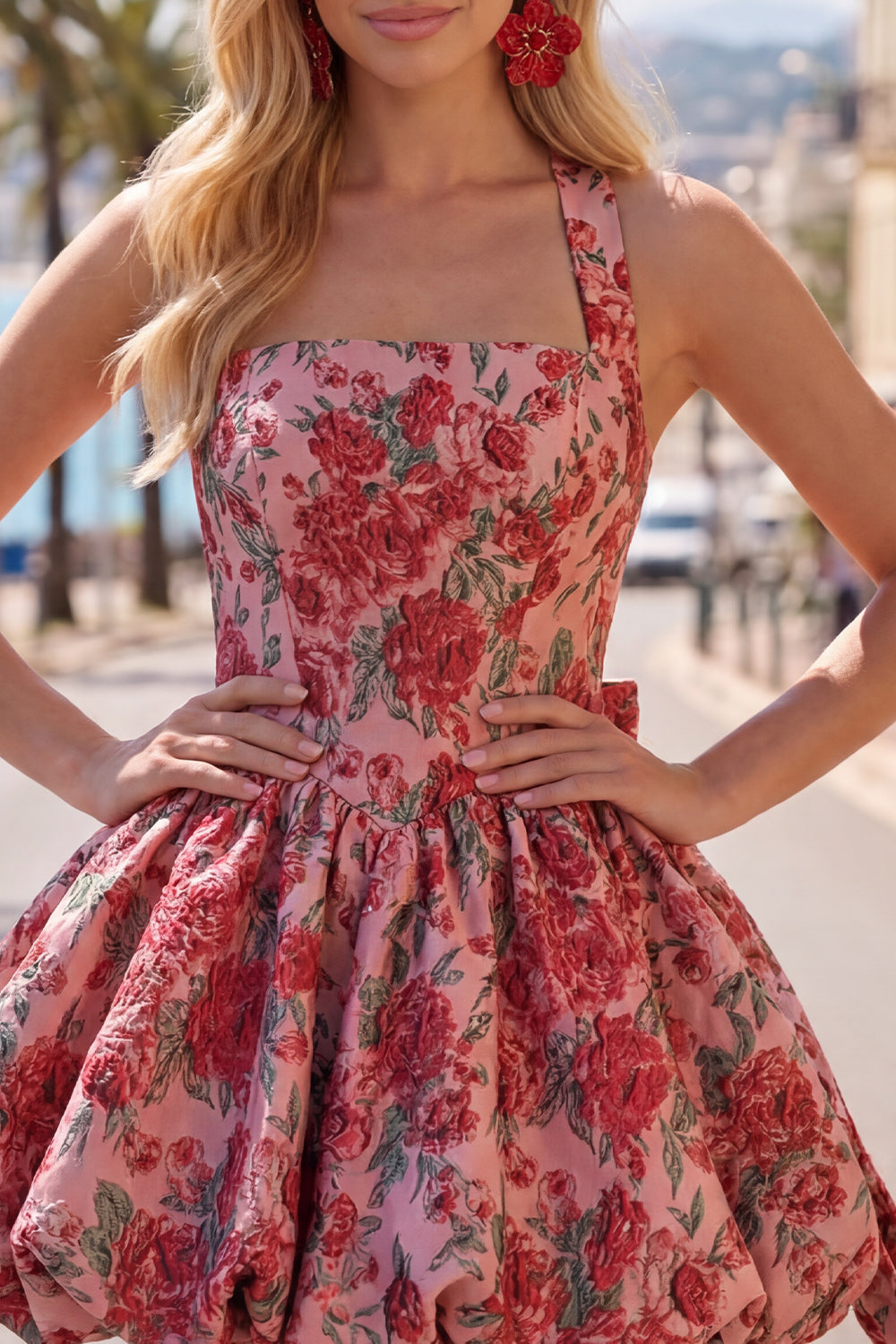 Halter Red Floral A-Line Homecoming Dress with Bow