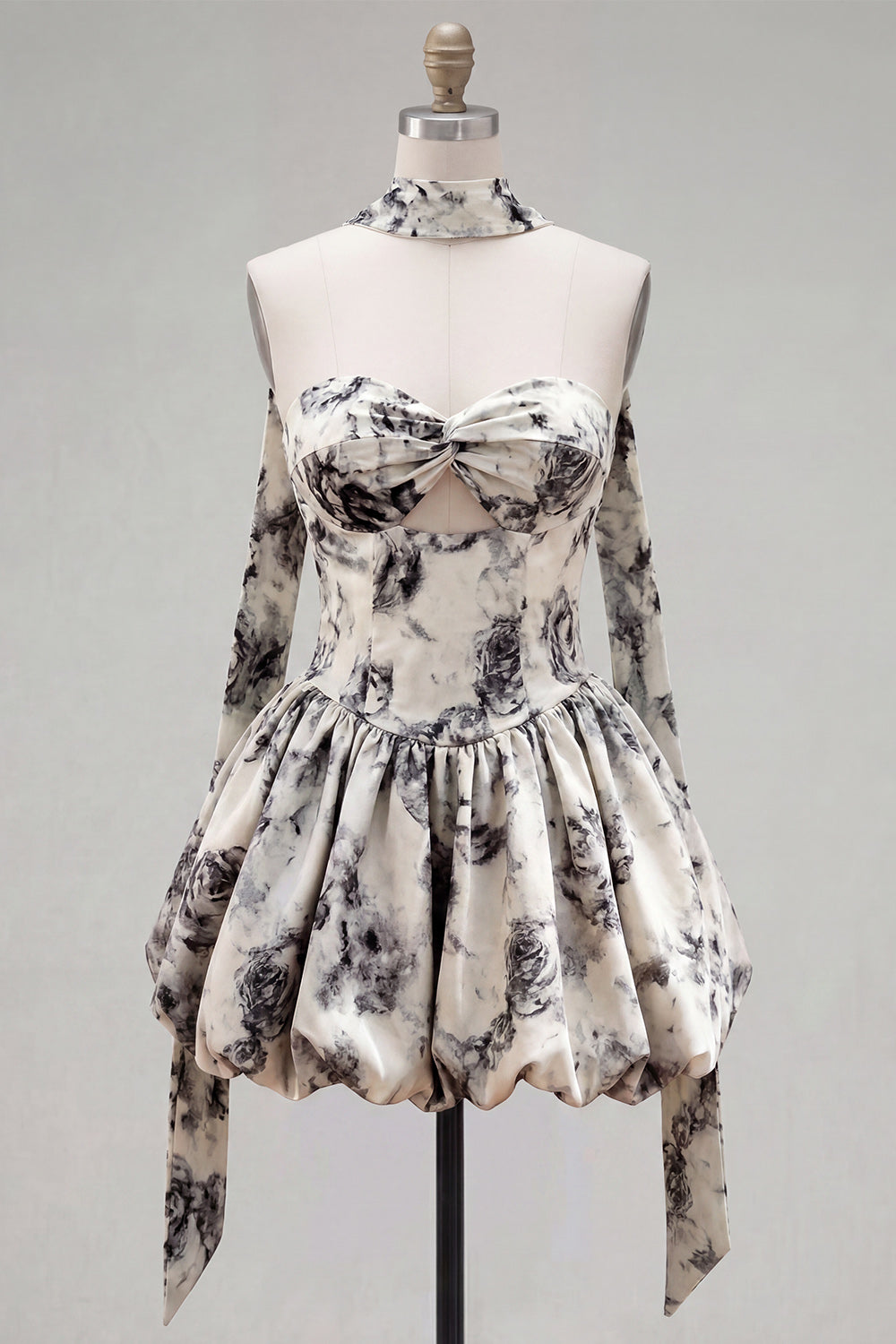 White Black Floral Sweetheart A-Line Homecoming Dress with Neck Scarf