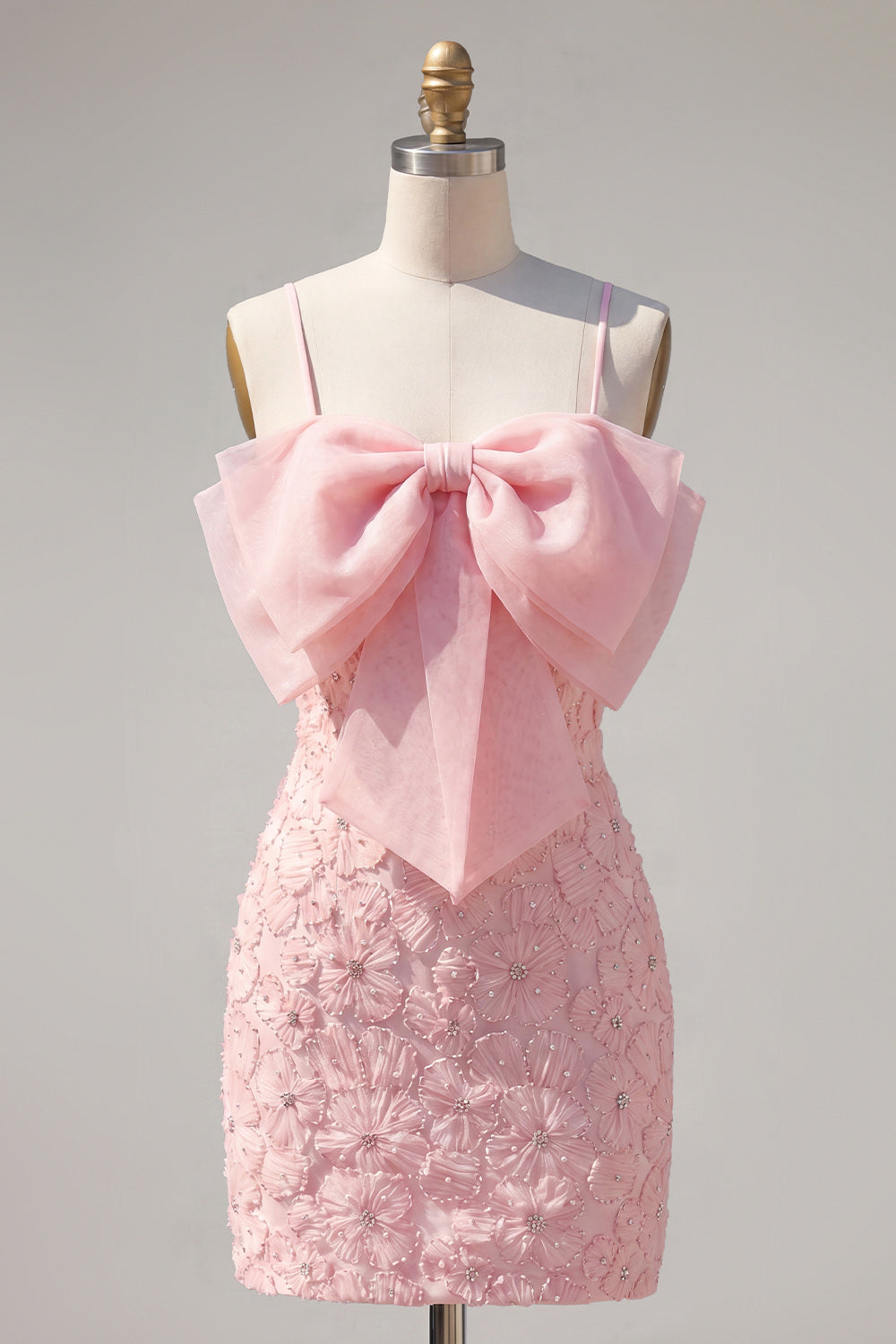 Pink Bodycon Beaded Floral Homecoming Dress with Bow