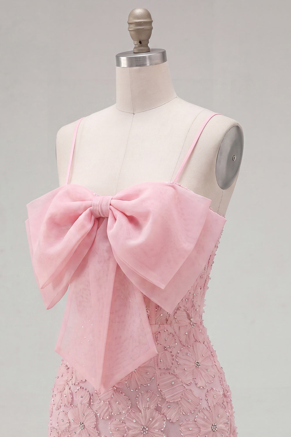 Pink Bodycon Beaded Floral Homecoming Dress with Bow