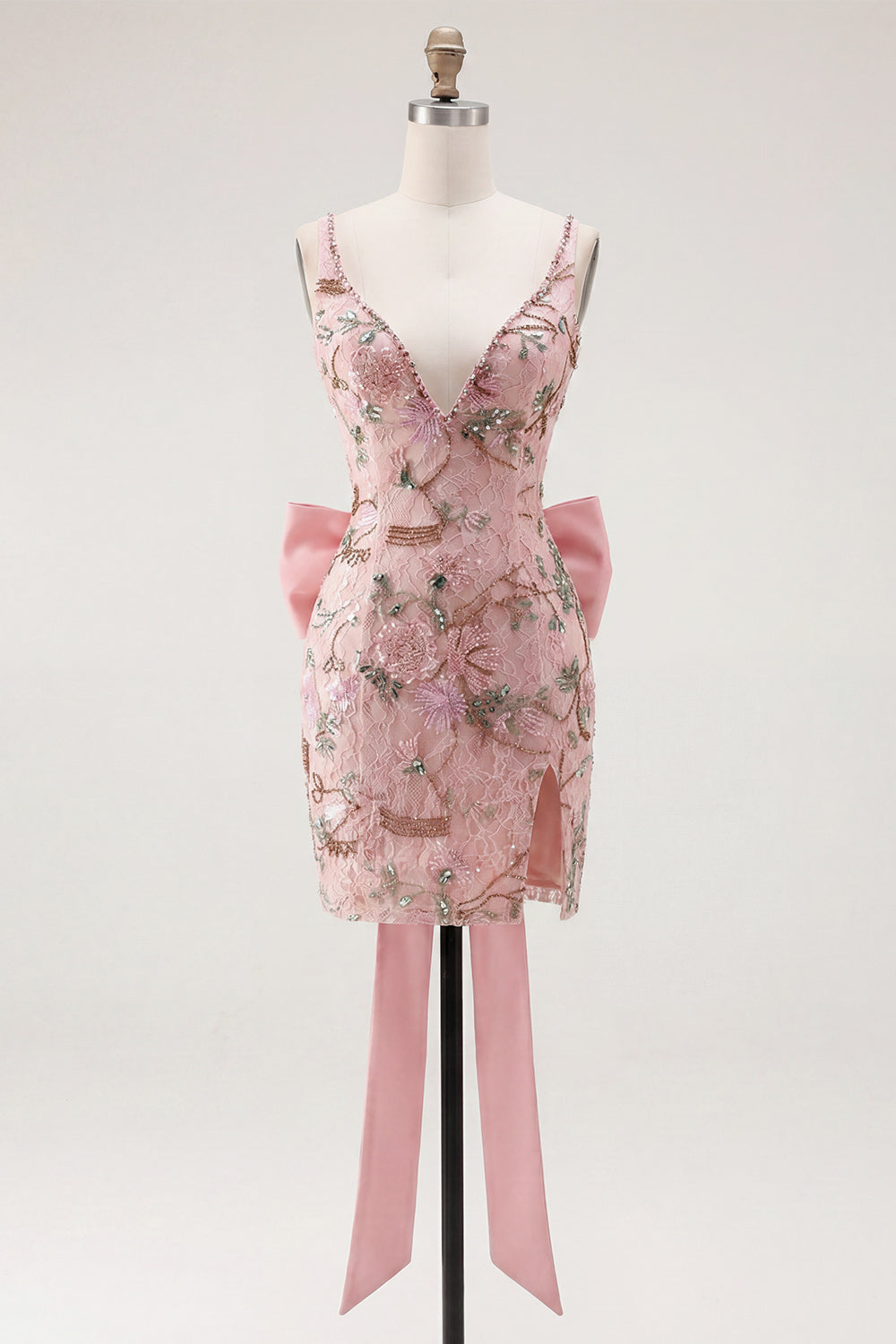 Pink Floral V-Neck Bodycon Homecoming Dress with Slit