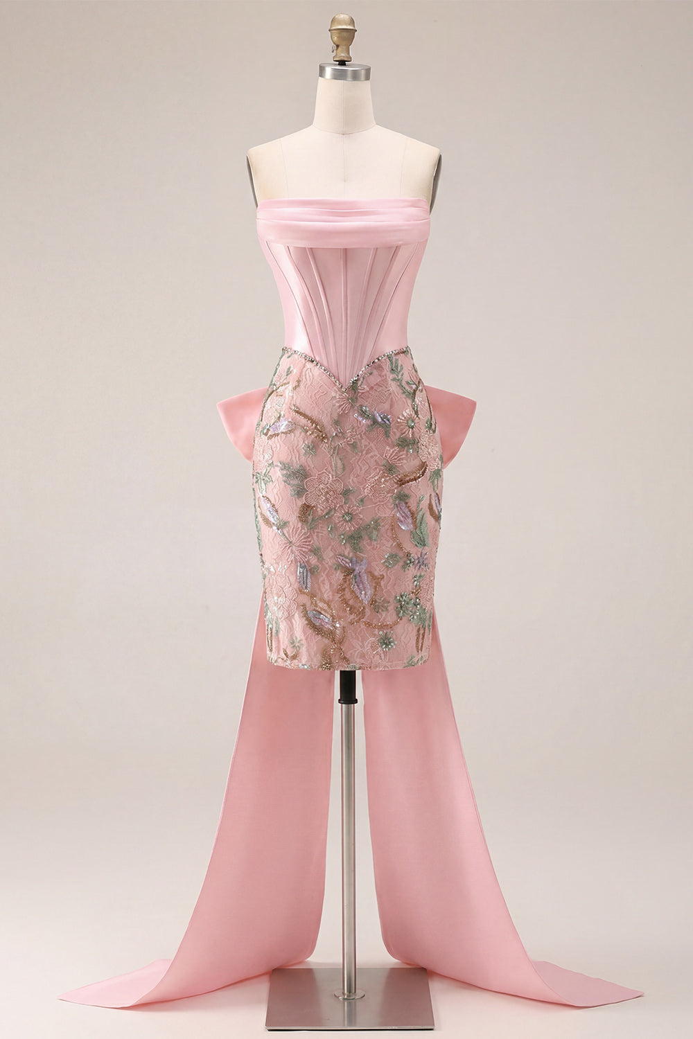 Strapless Corset Pink Bodycon Floral Homecoming Dress with Bow