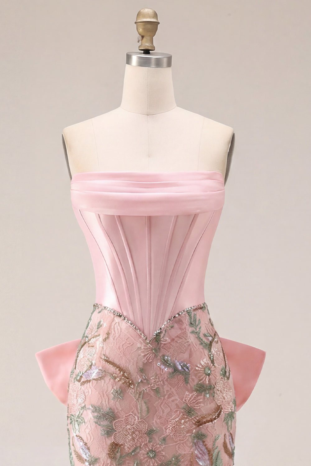 Strapless Corset Pink Bodycon Floral Homecoming Dress with Bow