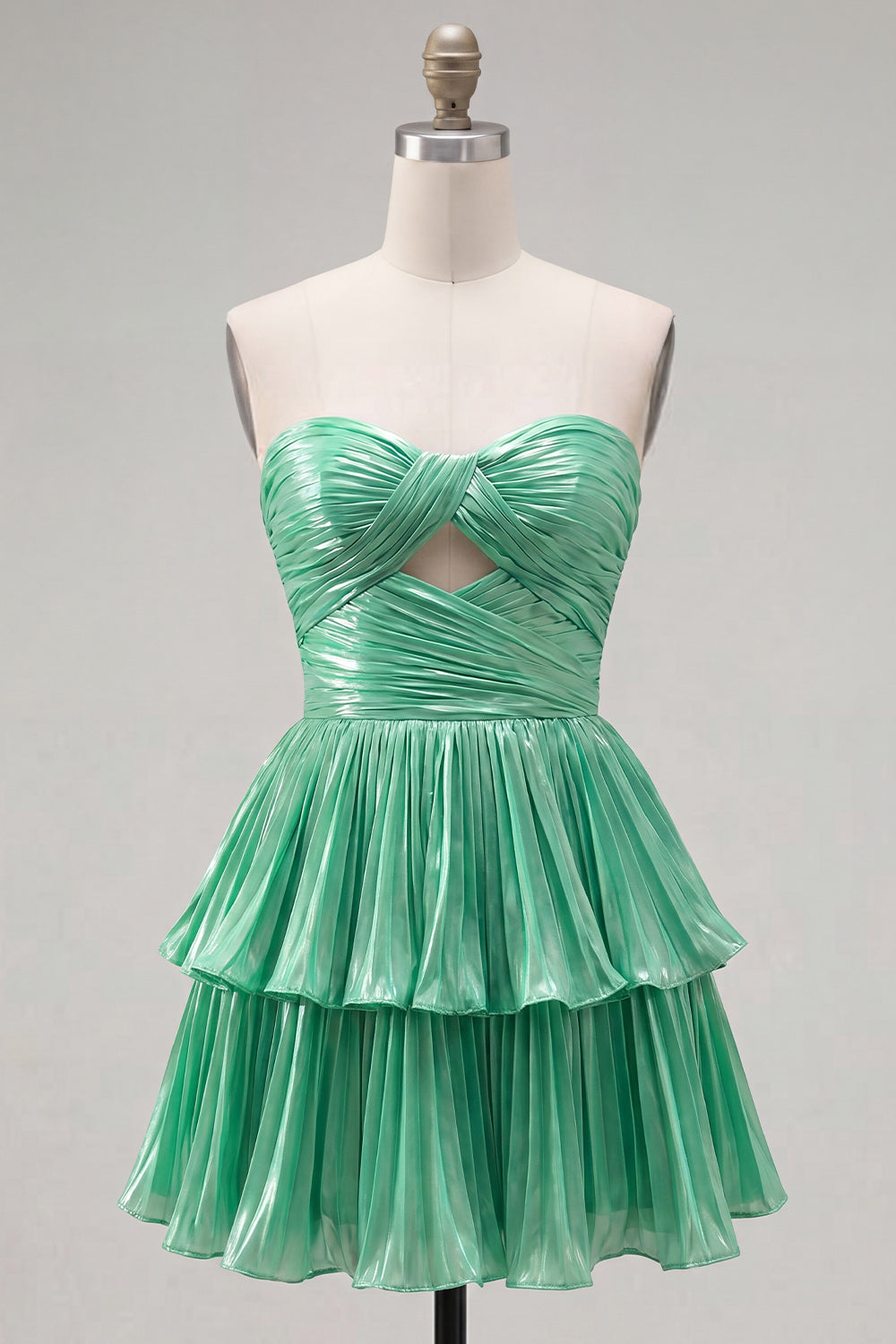 Strapless Cut Out Metallic Green Ruched A Line 80s Homecoming Dress
