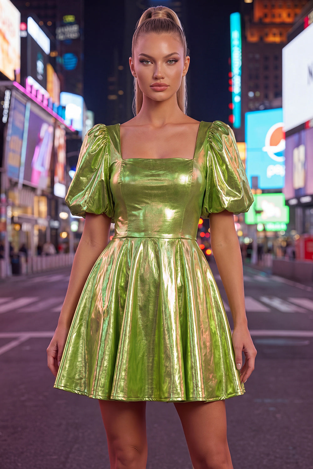 Square Neck Hot Pink A Line Metallic 80s Homecoming Dress With Puff Sleeves
