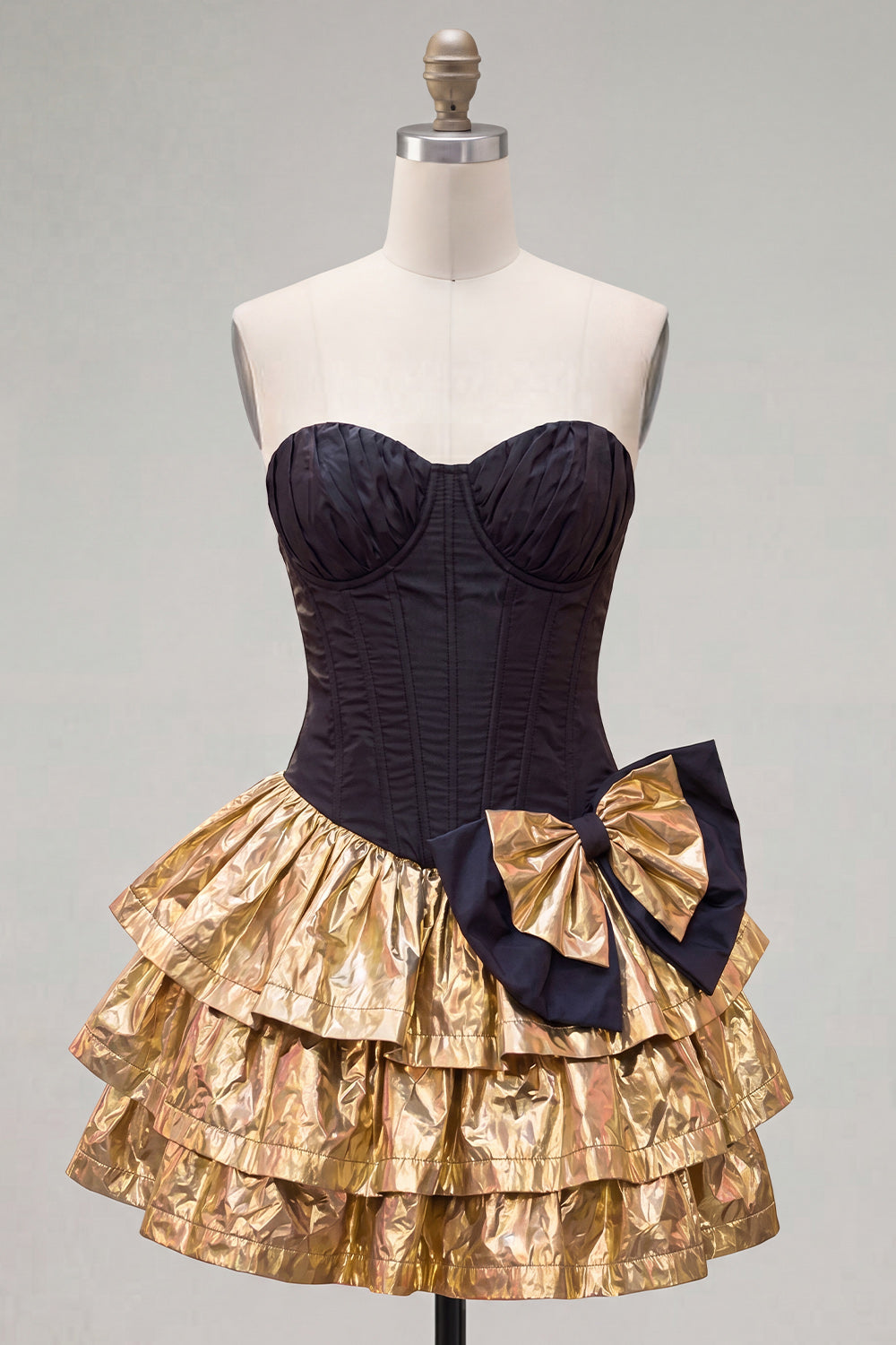Strapless Corset Black Golden A Line 80s Homecoming Dress With Bow