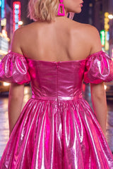 Off The Shoulder A Line Fuchsia Metallic 80s Homecoming Dress